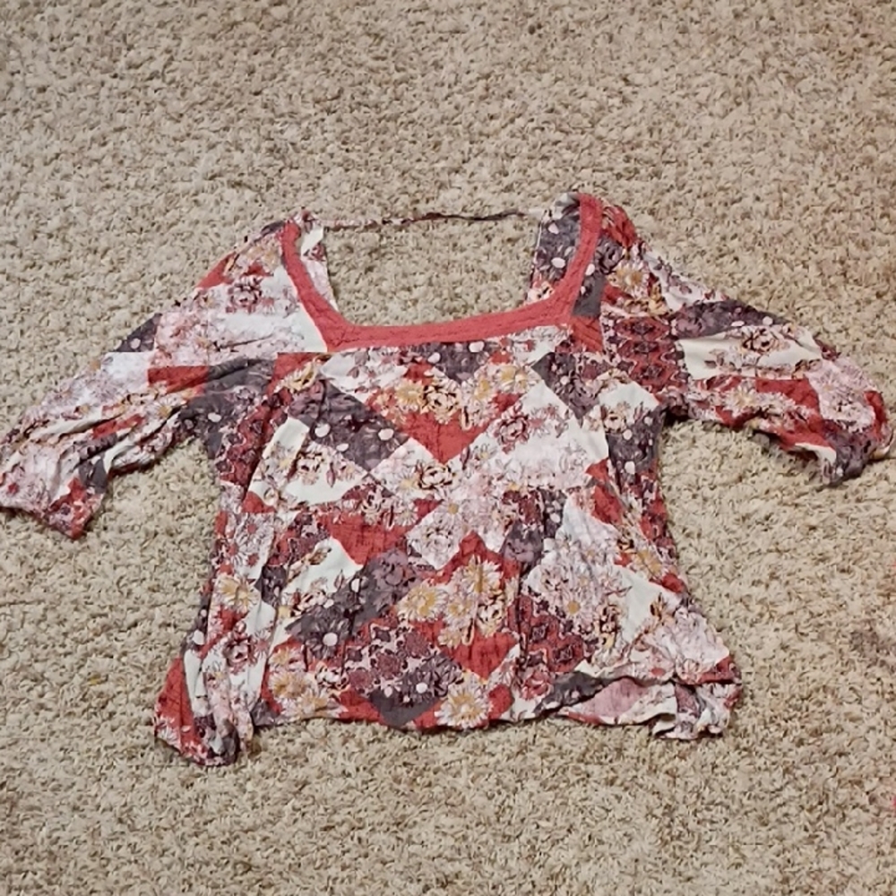 Maurices Red and Cream Patchwork Blouse